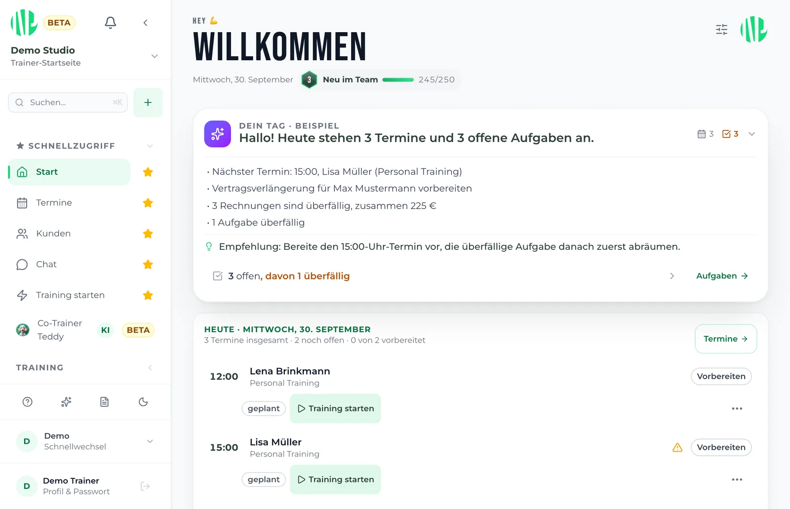 New Prime Trainer-Startseite mit Tagesübersicht, Terminen und Aufgaben, echte App-Ansicht