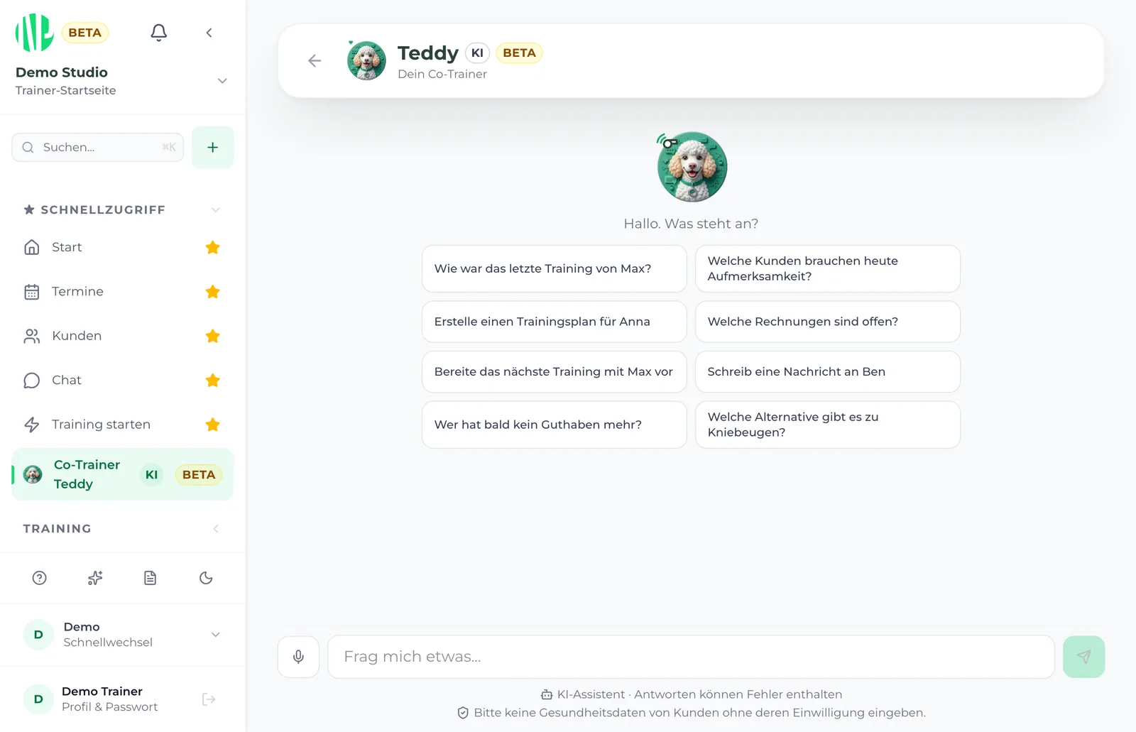 KI-Assistent Teddy in New Prime mit Vorschlägen wie Trainingsplan erstellen, Rechnungen prüfen oder Training vorbereiten