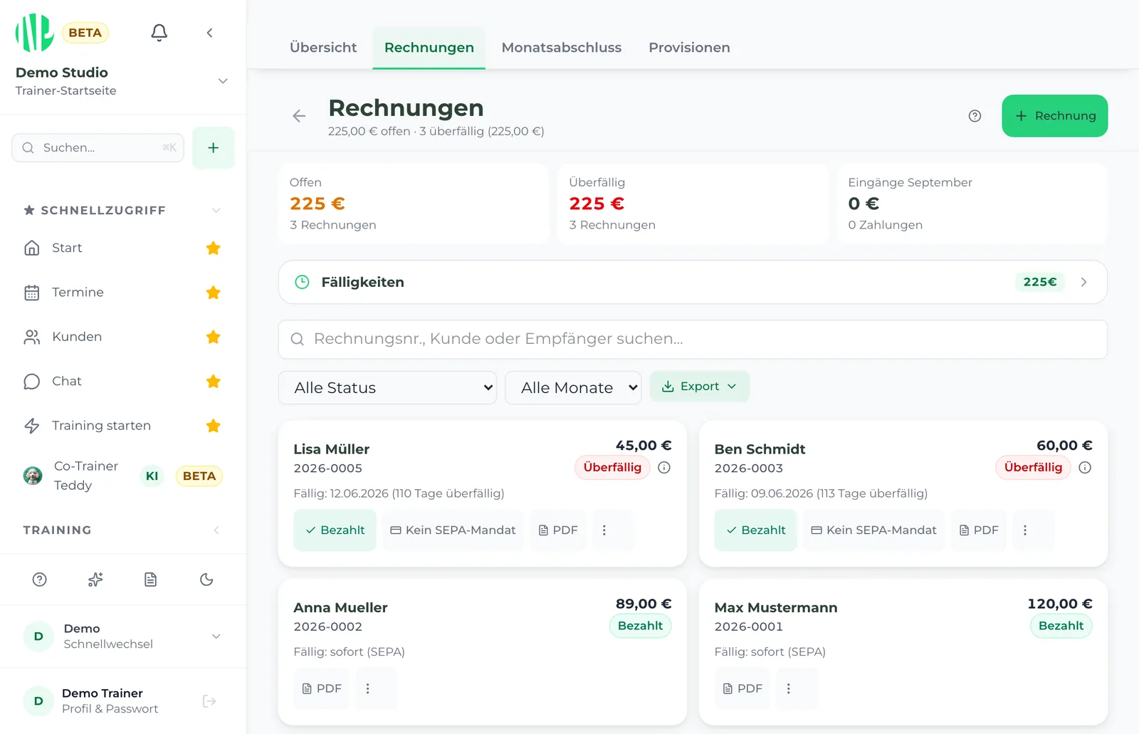 Rechnungen in New Prime: offene und überfällige Beträge, Fälligkeiten, SEPA-Status und PDF je Rechnung