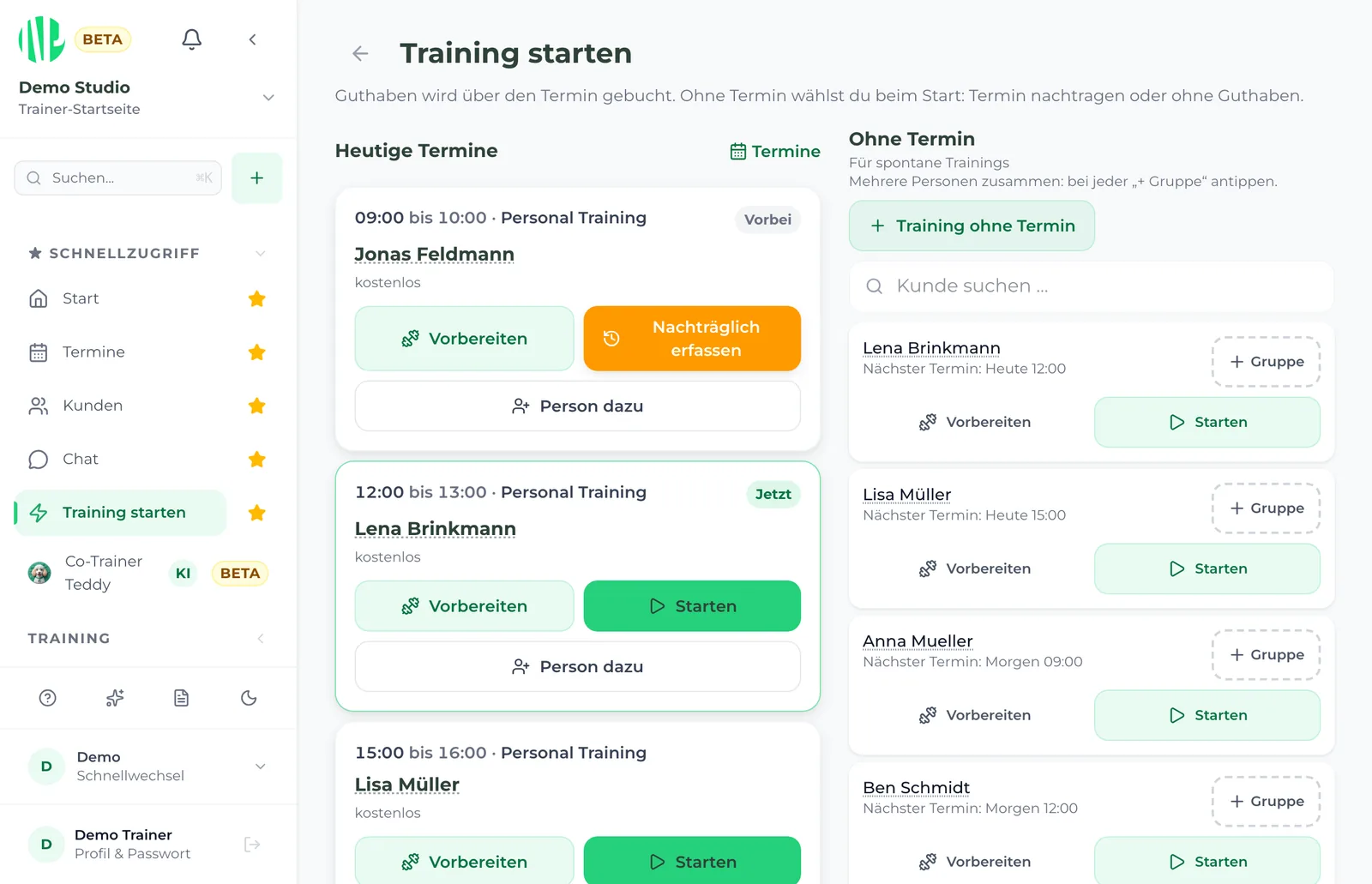 Training starten in New Prime: heutige Termine mit Vorbereiten, Nachtragen und Starten