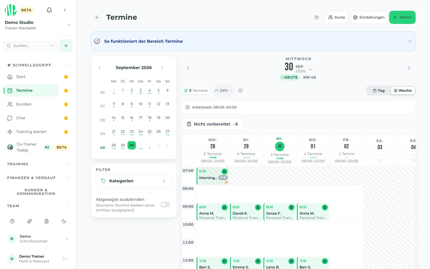 Terminplan mit Kalender, Wochenansicht und Vorbereitungsstatus der Termine